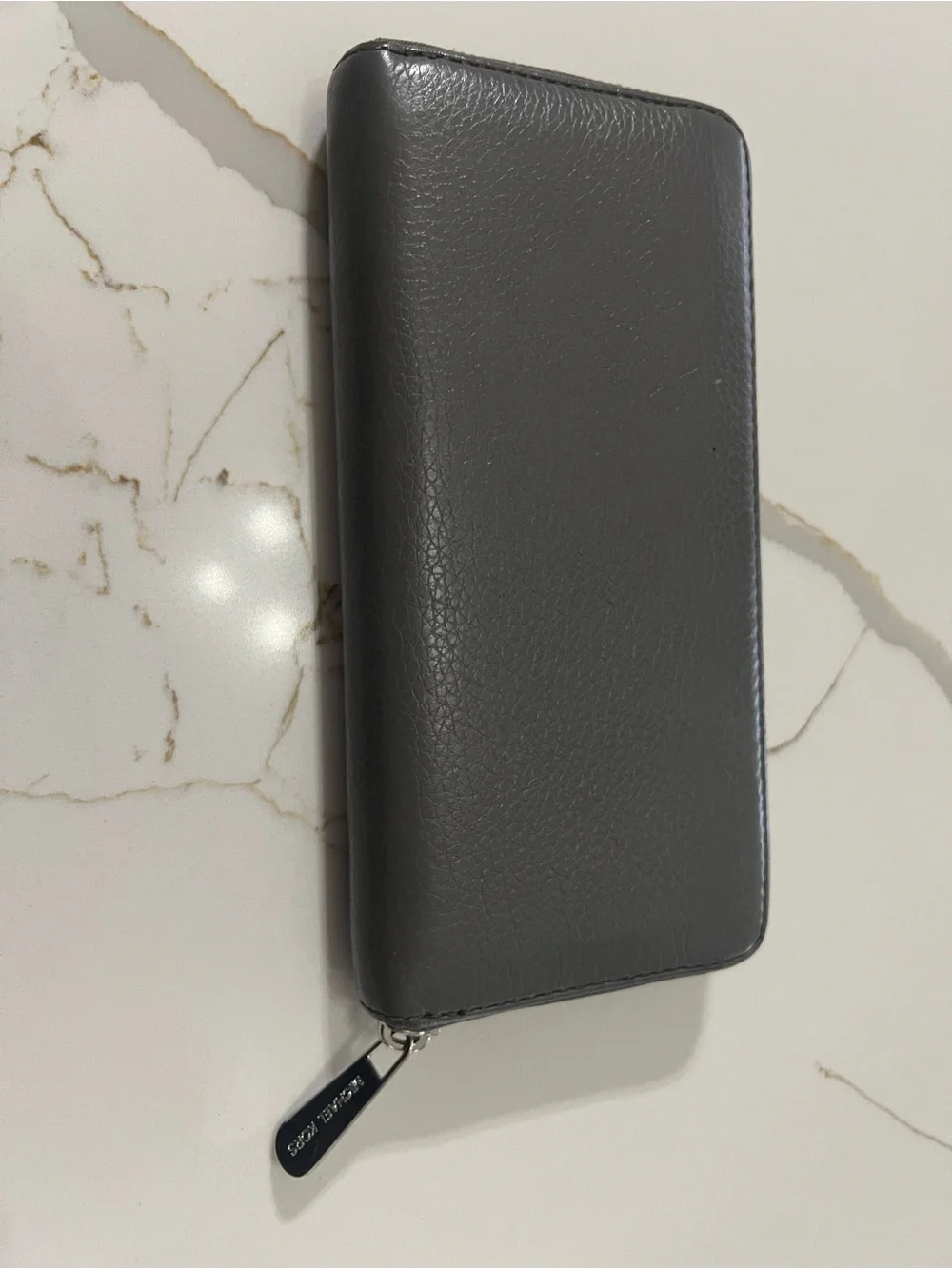 Michael Kors Gray Pebbled Zip-Around Wallet with Silver Plate